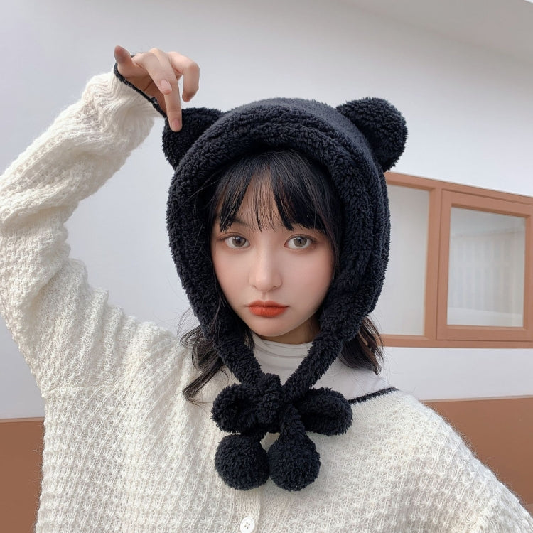 Black plush bear-ear winter hat with knotted tether scarf and hood