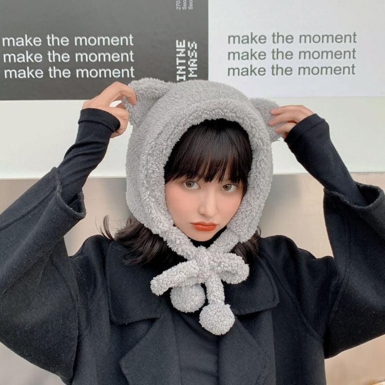 Light grey plush bear-ear winter hat with pom-pom tether scarf