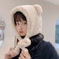 Cream plush bear-ear winter hat with knotted tether scarf under hood