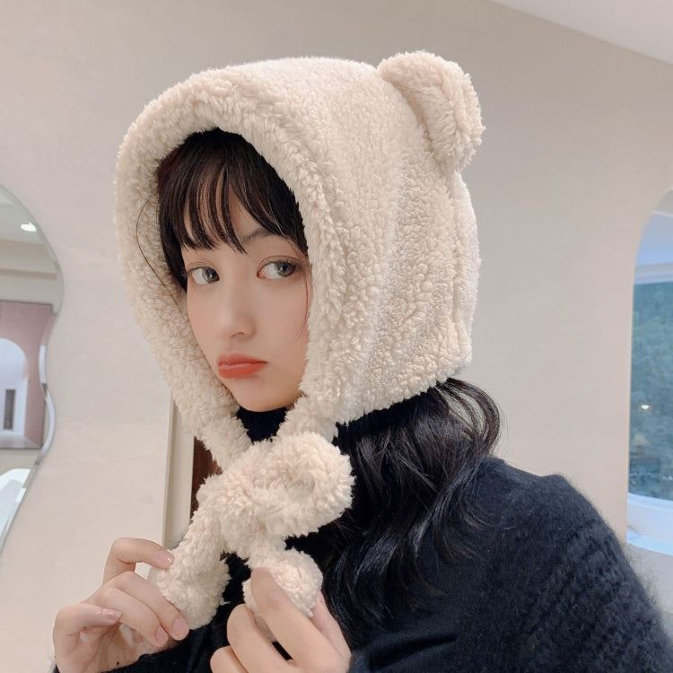 Cream plush bear-ear winter hat with knotted tether scarf under hood