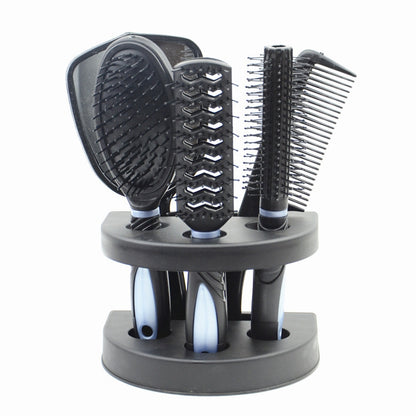 6-in-1 hair comb set with round base, black bristle brushes and massage scalp pads