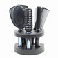 Hair comb brush set on rotating base: black paddle, vented, and fine-tooth combs