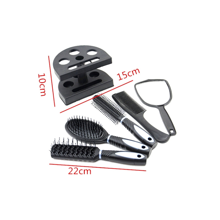 Assorted hair combs and scalp brush set with black handles, red accents, and stand