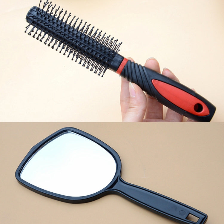 Black and red detangling comb with long pins, plus handle and matching mirror comb