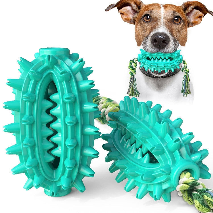 Aqua blue spiked dog molar chew toy with rope handles.