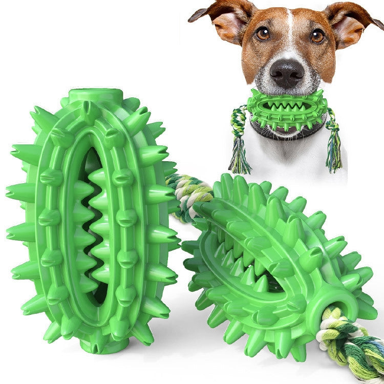 Green spiked dog molar chew toy with rope handles.
