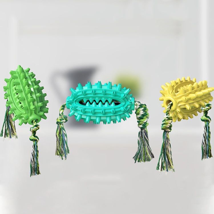 Dog molar chew toy trio: green, aqua blue, and yellow spiked rings with rope.