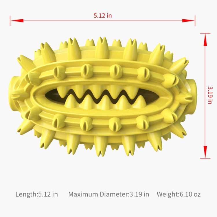 Yellow spiked dog molar chew toy with rope; front view.