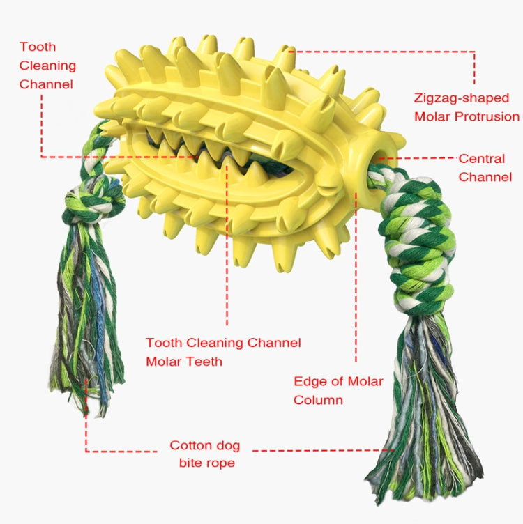 Yellow spiked dog molar chew toy with rope handles and central cleaning channel.