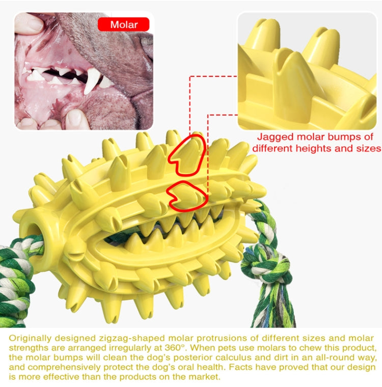 Yellow spiked dog molar chew toy with rope; jagged molar bumps and mouth inset.