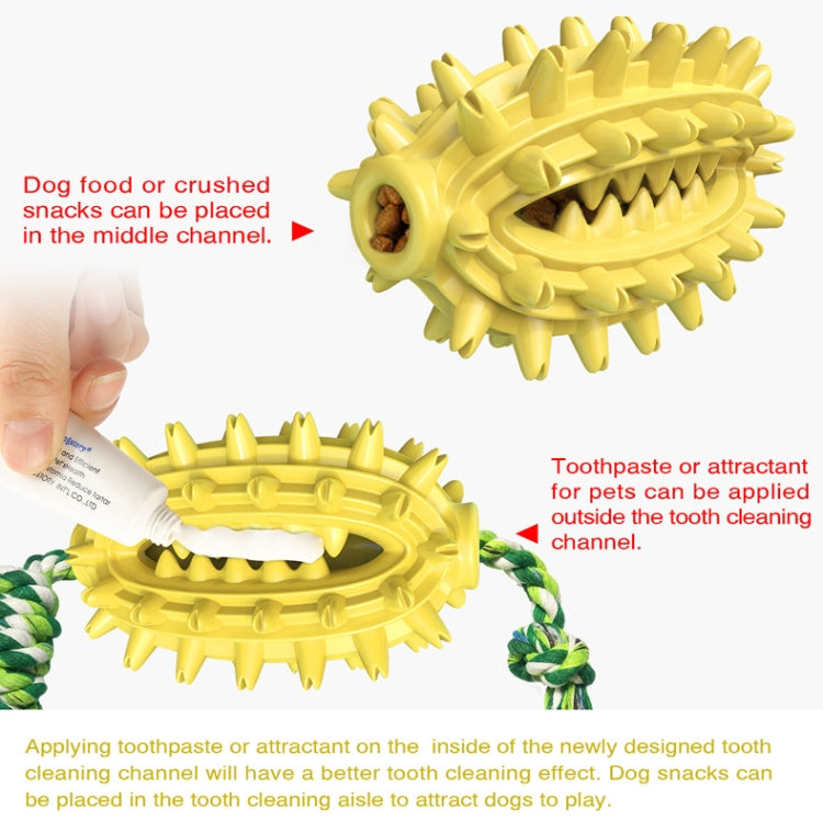 Yellow spiked dog molar chew toy with rope; toothpaste applied in cleaning channel.