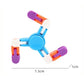 Blue and orange cross-shaped plastic finger spinner toy with purple end blocks