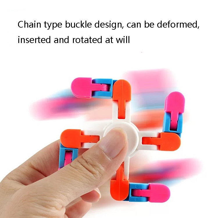 Hand holding colorful plastic finger spinner toy with rotating chain blocks