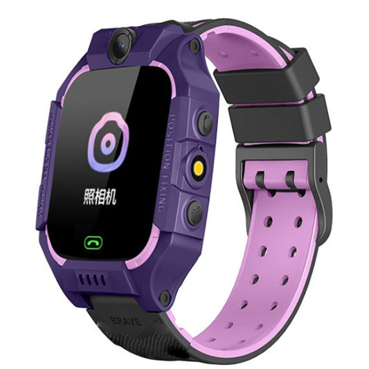 Purple children smart phone watch with black touchscreen and camera on top