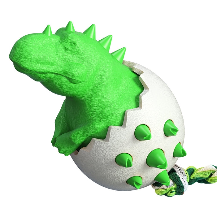 Green dinosaur egg dog molar stick chew toy with spiky shell and braided rope