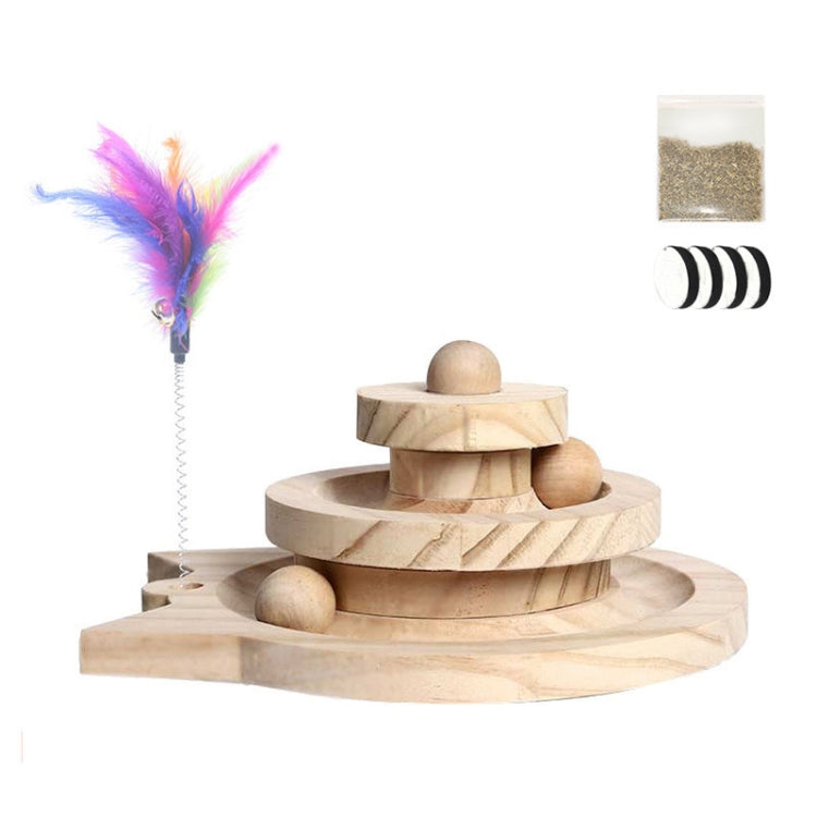 Wooden multi-level cat scratcher turntable with small ball pieces and feather wand toy
