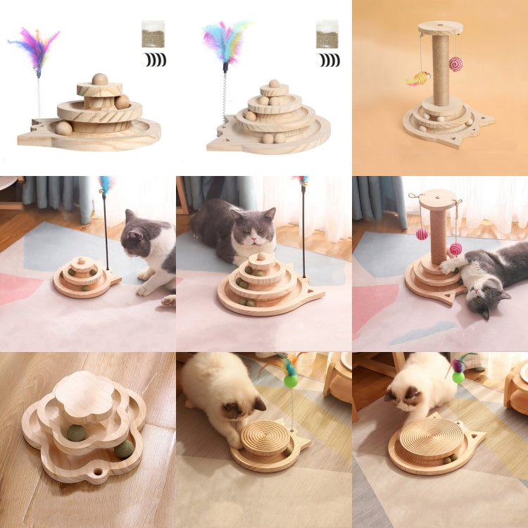 Wooden cat scratcher turntable set shown from multiple angles with ball pieces and wand