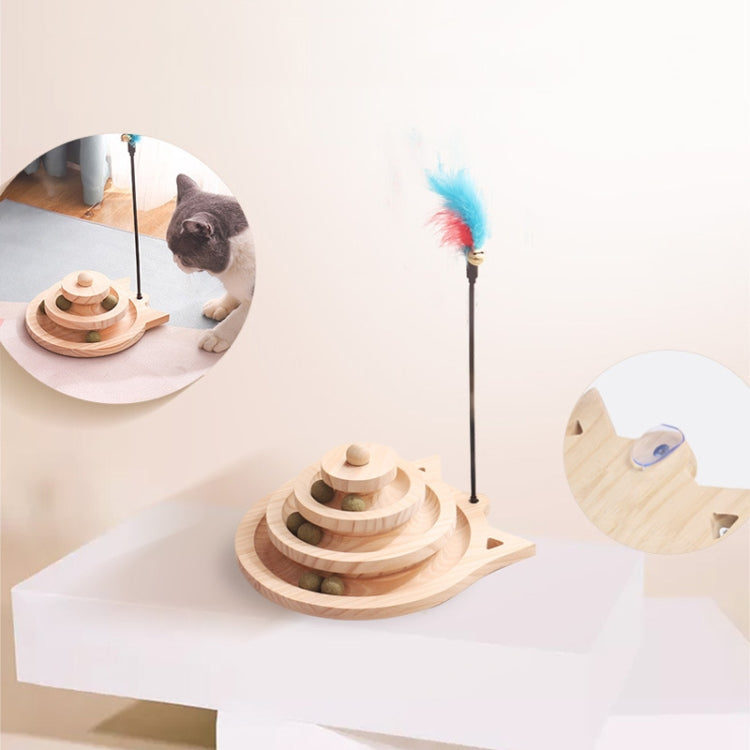 Wooden cat turntable scratcher on a base with feather wand and ball toys