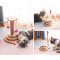 Wooden cat scratching post and turntable toy with hanging wand balls shown with cats