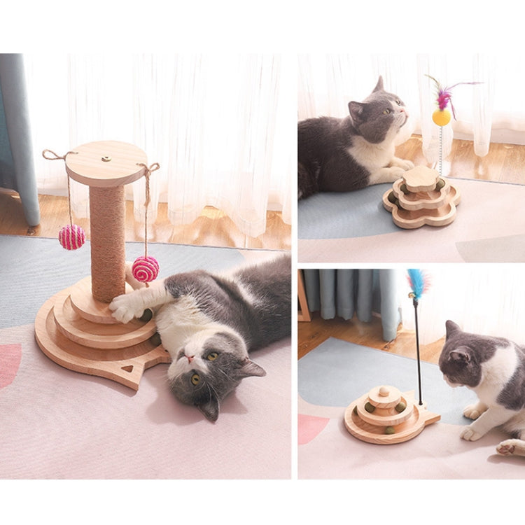 Wooden cat scratching post and turntable toy with hanging wand balls shown with cats