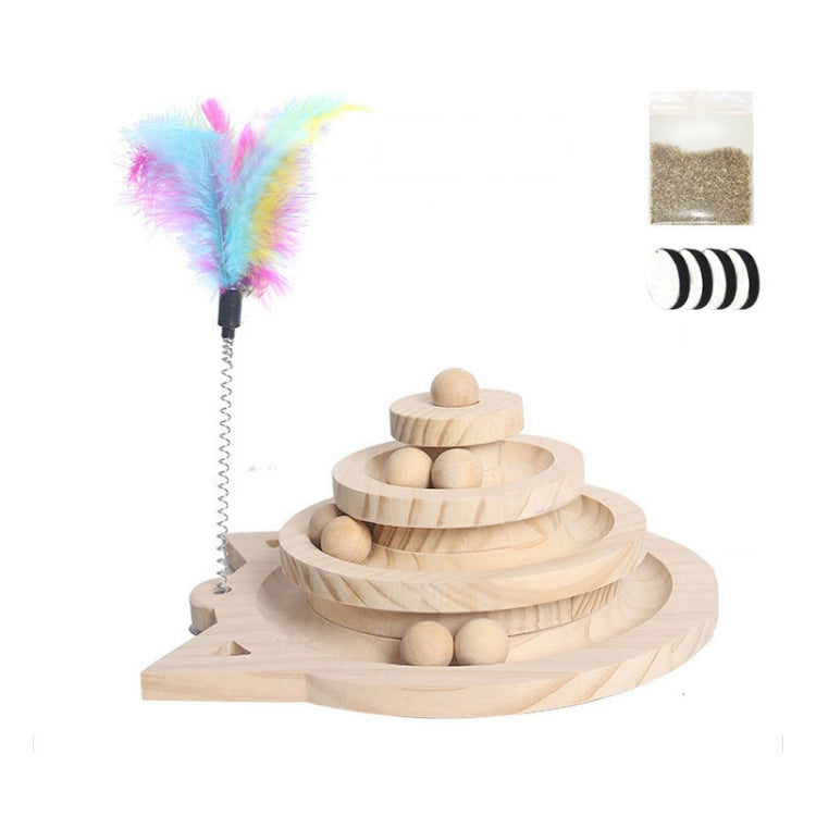 Wooden multi-layer cat turntable scratcher with ball toy pieces and feather wand