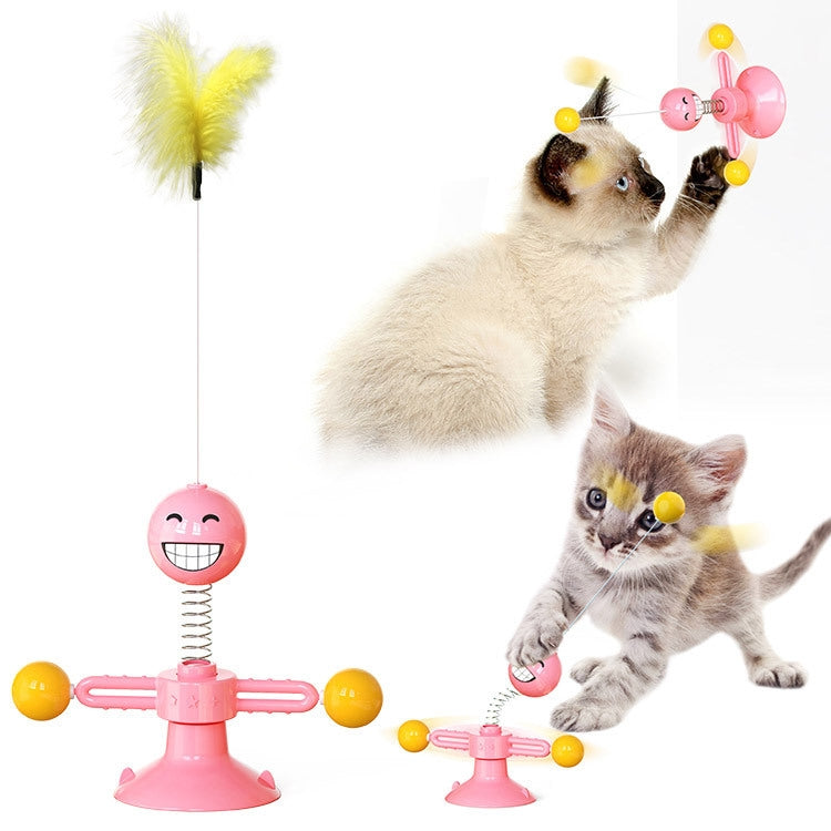 Interactive cat feather toy with suction cup base, pink spring ball, and yellow feather