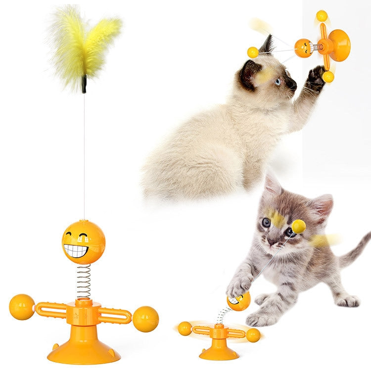 Interactive cat feather toy with suction cup base, orange spring ball, and yellow feather
