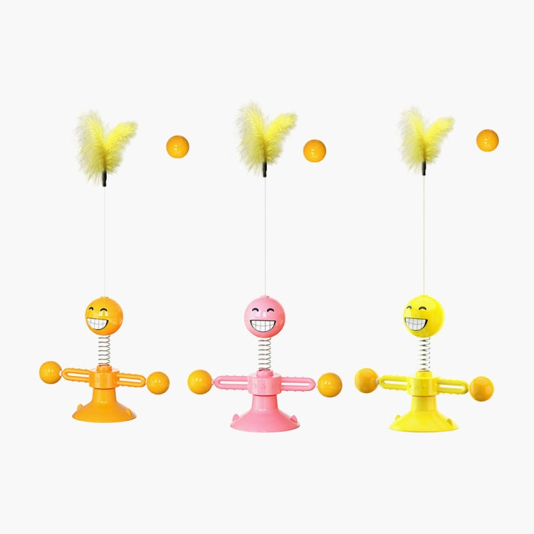 Set of interactive cat feather toys with suction cups in yellow, pink, and orange