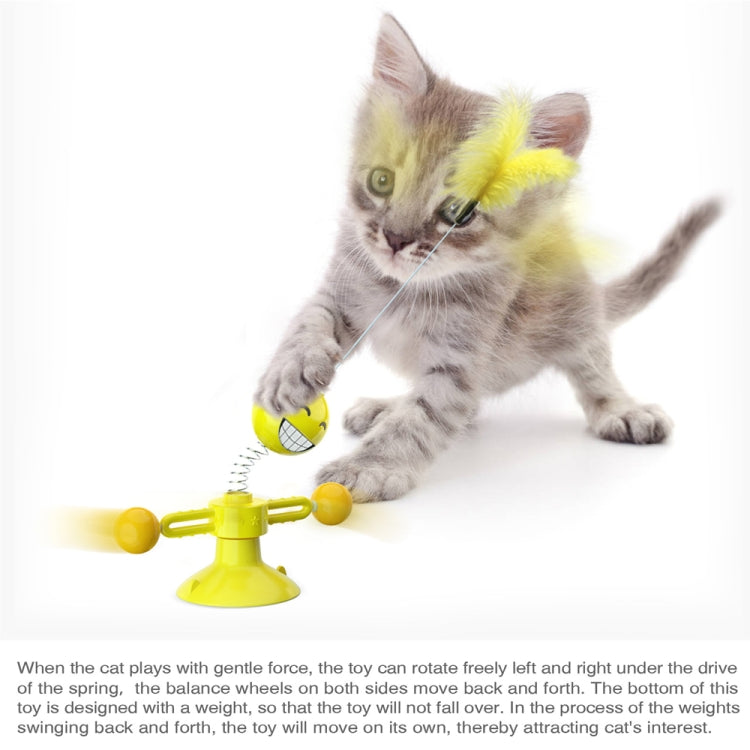 Interactive cat feather and ball toy with yellow suction base and spring wand
