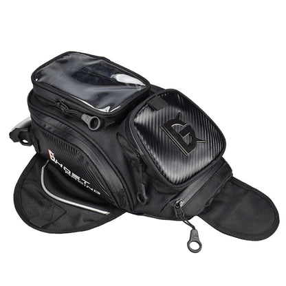 Black motorcycle tank bag with mesh top pocket, zip compartments, and mounting base