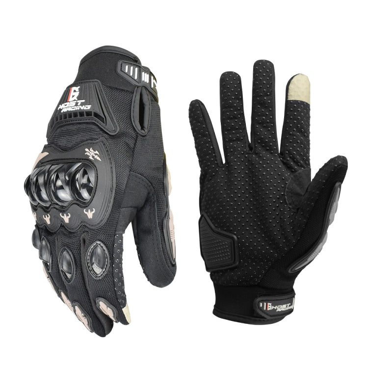 Motorcycle riding gloves, full-finger black with light beige thumb panel and protective knuckle armor