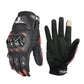 Motorcycle racing gloves, full-finger black with red accents and molded knuckle armor, touch screen