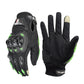 Motorcycle racing gloves, full-finger black with green flame accents and padded knuckle armor