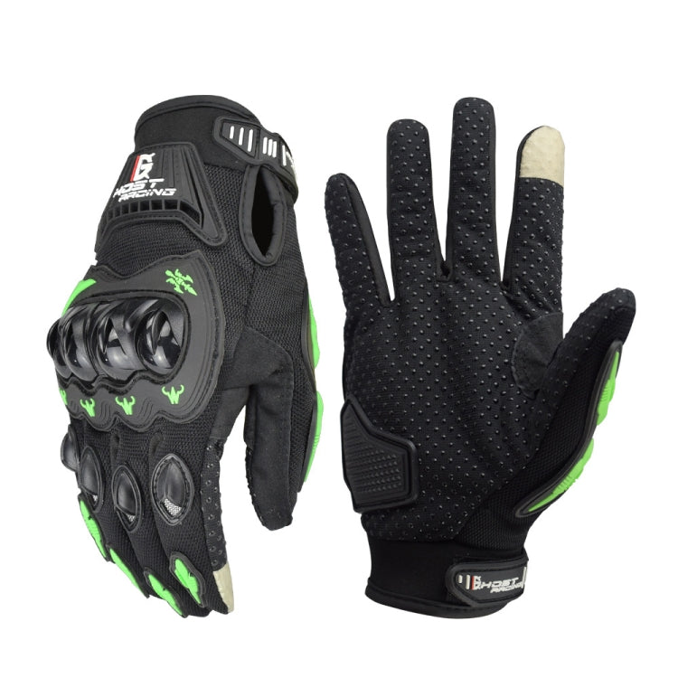 Motorcycle racing gloves, full-finger black with green flame accents and padded knuckle armor