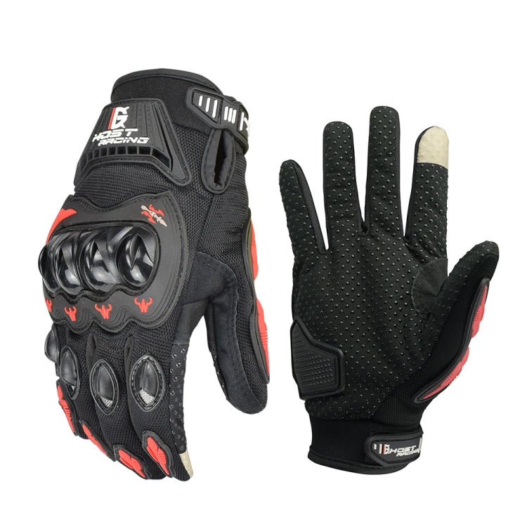Motorcycle racing gloves, full-finger black with red flame accents and molded knuckle armor