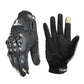 Motorcycle riding gloves, full-finger black with light beige thumb panel and padded knuckle armor