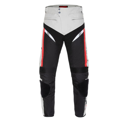 Motorcycle racing trousers, front view black and light gray with red accents and reflective chevrons