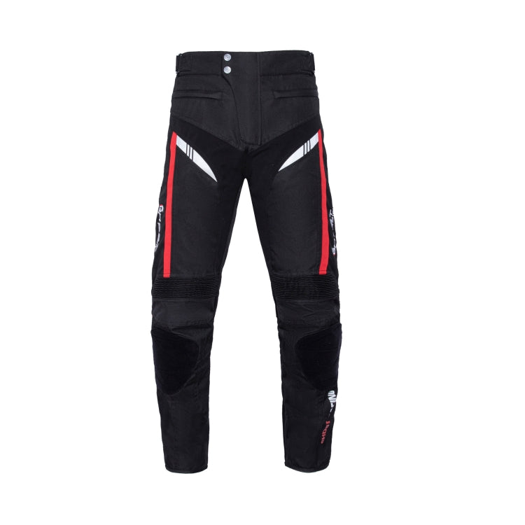 Motorcycle racing trousers, front view solid black with red accents and reflective stripe details