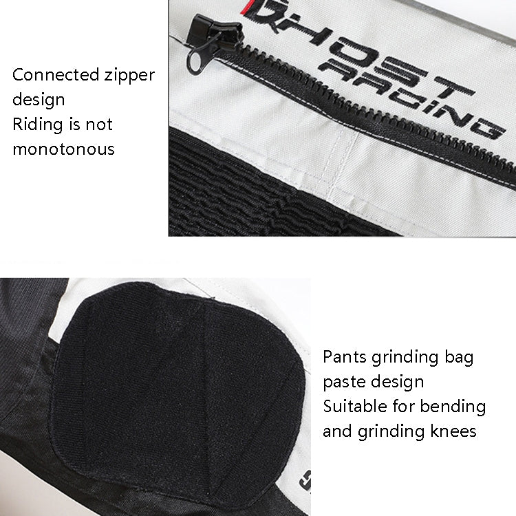 White and black riding trousers detail: connected zipper and knee grinding pad