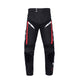 Motorcycle racing trousers, front view black with red accents and reflective chevron details