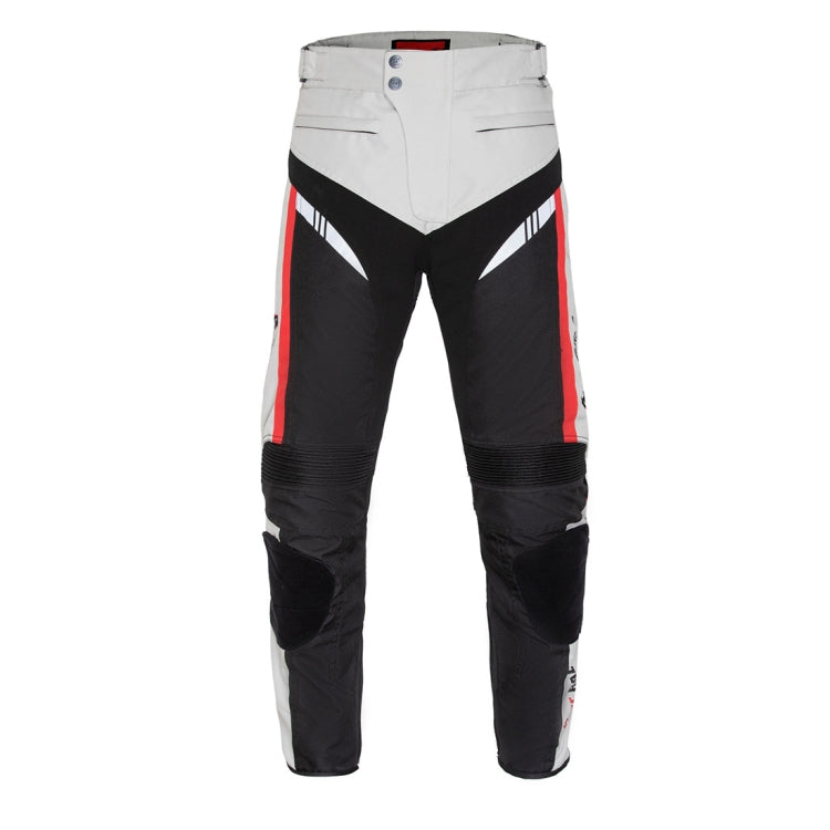 Light gray and black motorcycle riding trousers with red and reflective stripe panels