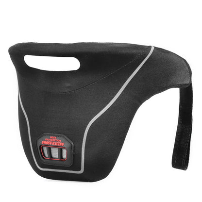 Black motorcycle neck protector with white piping and front protection logo panel
