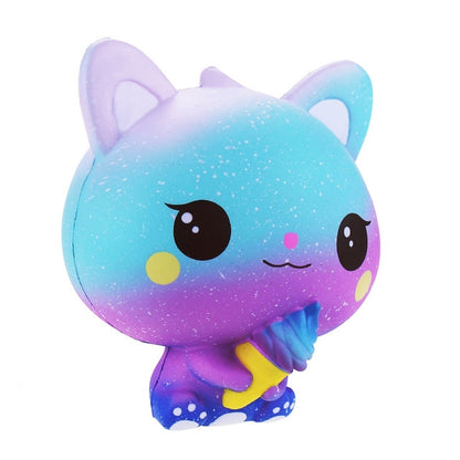 Scented squeeze cat toy, blue-purple gradient with smiling face and starry speckles.