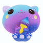 Scented squeeze cat toy, blue-purple gradient with smiling face and wrapped tail detail.