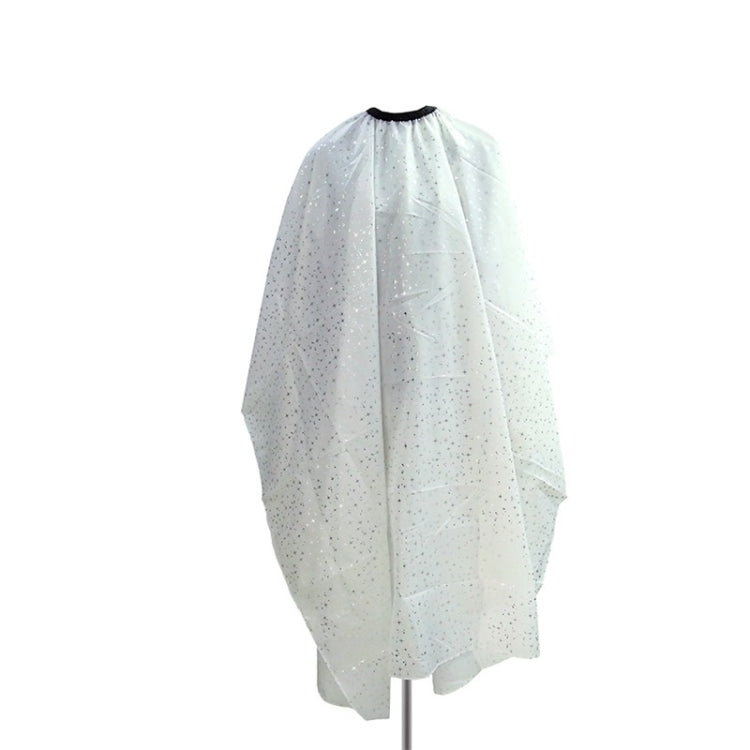White salon hair-dye cape with star speckle pattern and gathered elastic neck opening