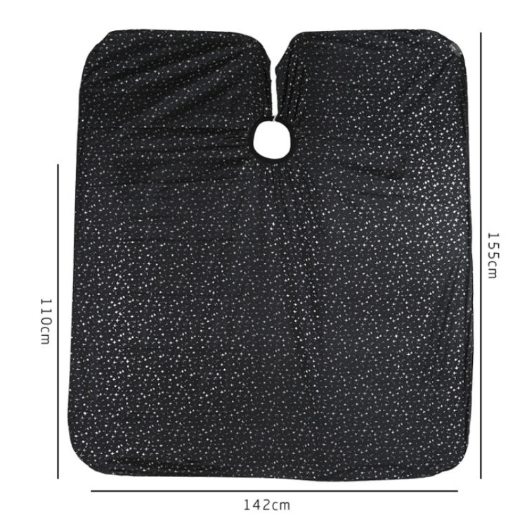 Black hair-dye cape with top hanging hole and rounded neck opening, cape length view