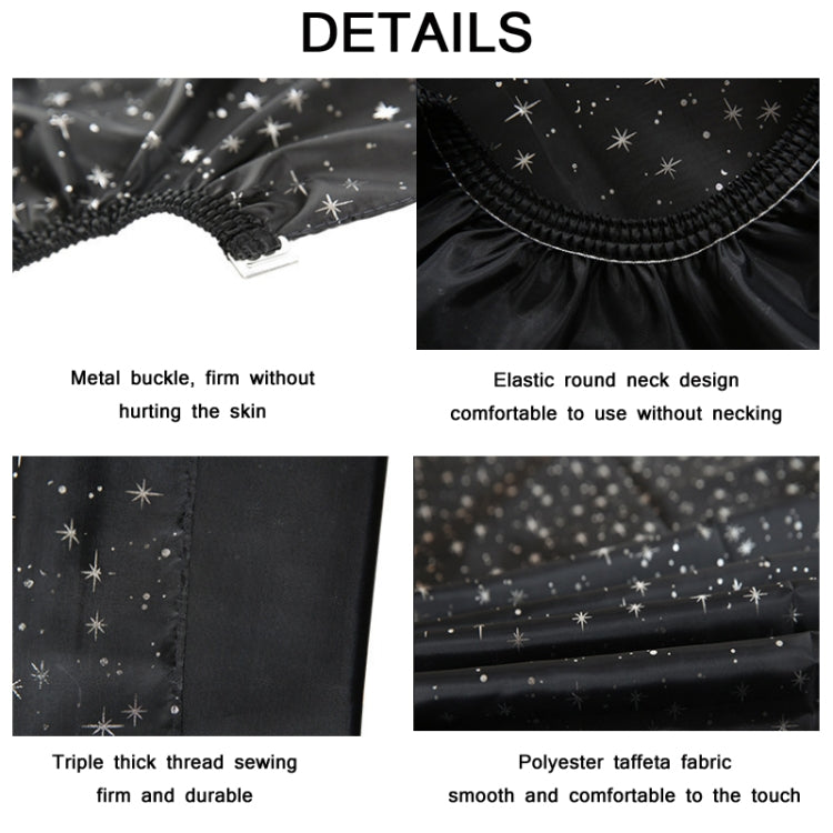 Black hair-dye cape details: elastic round neck and durable stitched edges, star pattern