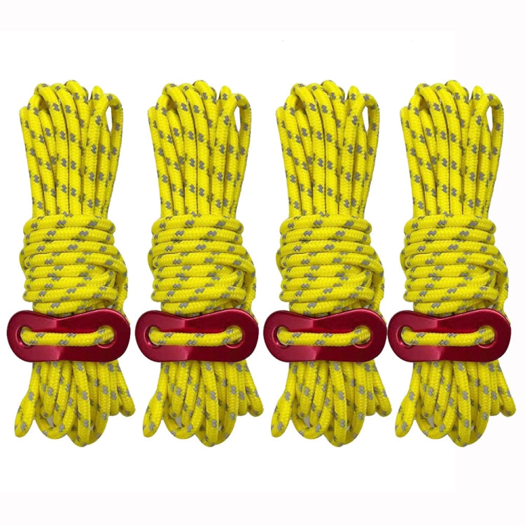 Yellow tent wind rope set with red buckle clasp, bundled ropes