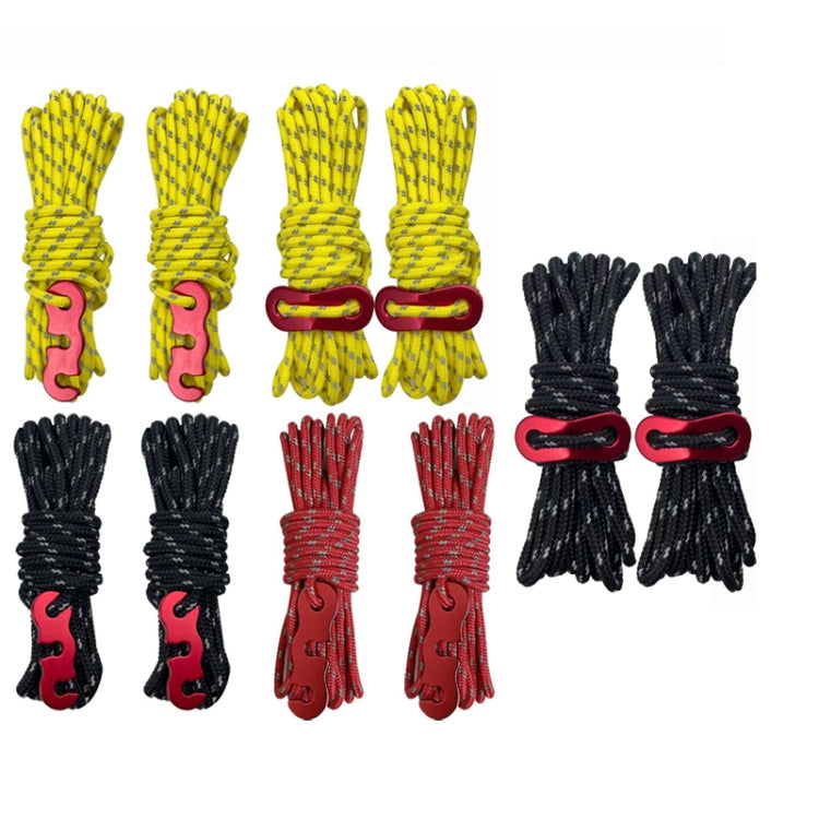 Multi-function camping wind ropes: yellow/black coils with red buckles