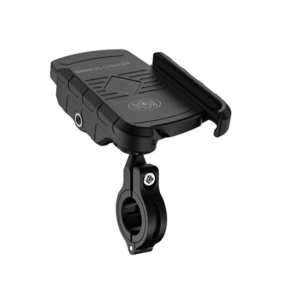 Black motorcycle wireless charging phone bracket with adjustable clamp and charging cradle